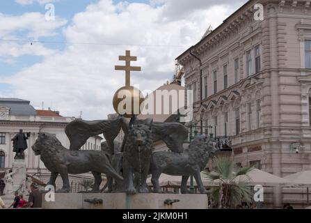 Lion fountain, Klaus square, Szeged, Hungary, Europe, Stock Photo