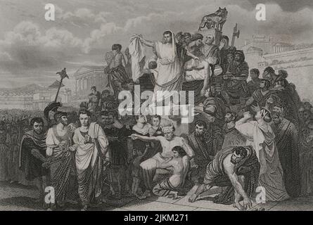 Gaius Julius Caesar (100 BC - 44 BC). Roman politician, general and writer. In 60 BC he established a triumvirate with Pompey and Crassus. Conquered Gaul. Head of the empire an dictator in perpetuity (Dictator Perpetuus). Funeral of Julius Caesar. Engraving by A. Roca. 'Historia Universal', by César Cantú. Volume II, 1854.