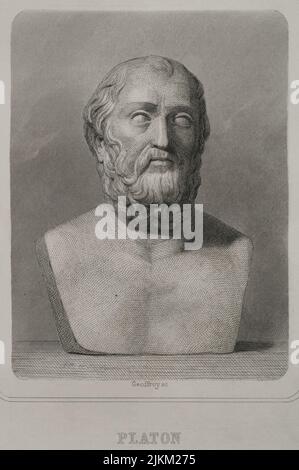 Plato (428/427 BC-348/347 BC). Greek philosopher. Portrait. Engraving by Geoffroy. 'Historia Universal', by César Cantú. Volume I, 1854.
