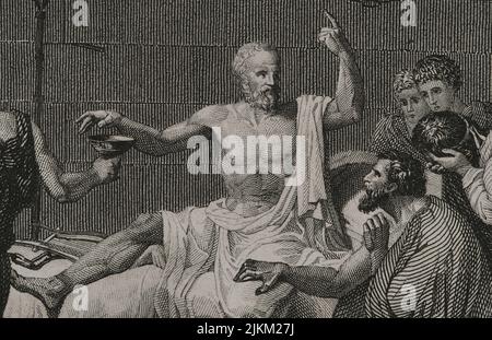 Socrates (ca. 470 BC - 399 BC). Greek philosopher. Accused of corrupting the youth, he was condemned to death by the Heliaia (Supreme Court of Ancient Athens). Death of Socrates. Detail of a engraving by A. Roca, based on the painting by Jacques-Louis David. 'Historia Universal', by César Cantú. Volume I, 1854. Stock Photo