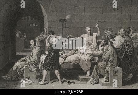 Socrates (ca. 470 BC - 399 BC). Greek philosopher. Accused of corrupting the youth, he was condemned to death by the Heliaia (Supreme Court of Ancient Athens). Death of Socrates. The scene shows Plato seated at the foot of the bed, in a meditative attitude. Engraving by A. Roca, based on the painting by Jacques-Louis David. 'Historia Universal', by César Cantú. Volume I, 1854.
