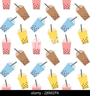Vector seamless pattern of different flat bobble boba tea isolated on white background Stock Vector