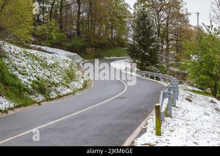 An asphalt road passing through a forested area covered with snow Stock Photo