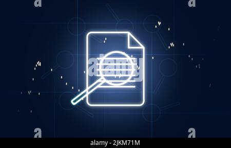 Document and magnifier icons on blue background. Data validation concept, control Stock Photo