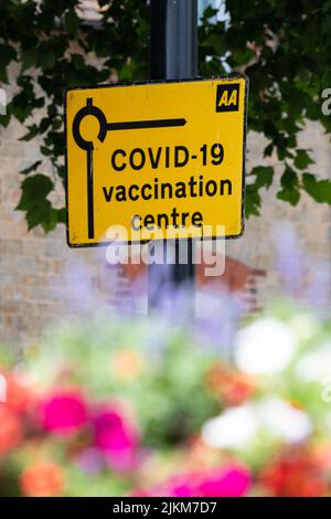 COVID-19 vaccination centre AA road sign, Midhurst, England, UK Stock Photo