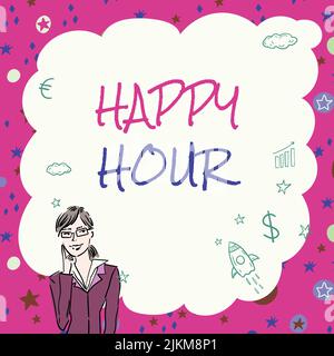Conceptual display Happy Hour. Concept meaning Spending time for activities that makes you relax for a while Illustration Of Lady Thinking Deeply Stock Photo