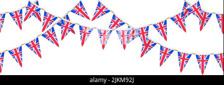 UK flag garland. Union Jack pennants chain. British party bunting decoration. Great Britain flags for celebration. Repeating pattern. Vector Stock Vector