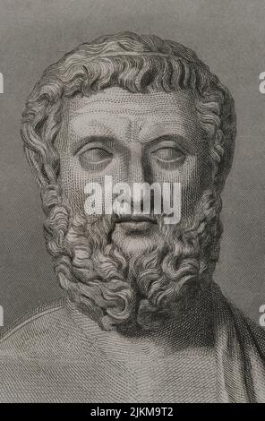 Solon (ca. 640 BC - ca. 558 BC). Athenian lawmaker, statesman and poet, one of the Seven Wise Men of Greece. Portrait. Engraving by Geoffroy. Detail. 'Historia Universal', by César Cantú. Volume I. 1854. Author: Charles Geoffroy (1819-1882). French engraver.