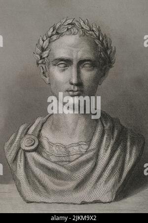 Gaius Julius Caesar (100 BC - 44 BC). Roman politician, general and writer. In 60 BC he established a triumvirate with Pompey and Crassus. Conquered Gaul. Head of the empire an dictator in perpetuity (Dictator Perpetuus). Portrait. Engraving. 'Historia Universal', by César Cantú. Volume II, 1854.