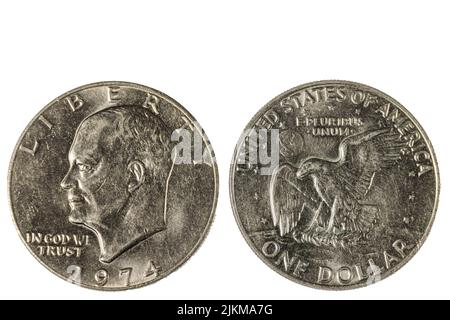 Close up view of front and back side of one usa dollar silver coin dated 1974. Numismatic concept. Stock Photo