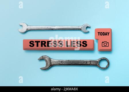 Text sign showing Stress Less. Word Written on Stay away from problems Go out Unwind Meditate Indulge Oneself -49037 Stock Photo