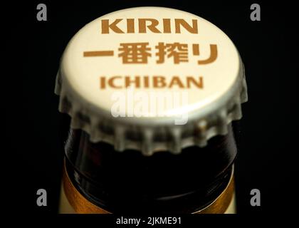 Kirin Ichiban Japanese lager beer bottle top cap close up detail Stock Photo