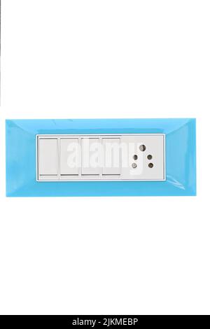 closeup the electricity switch with port and sky blue plate isolated on white background. Stock Photo