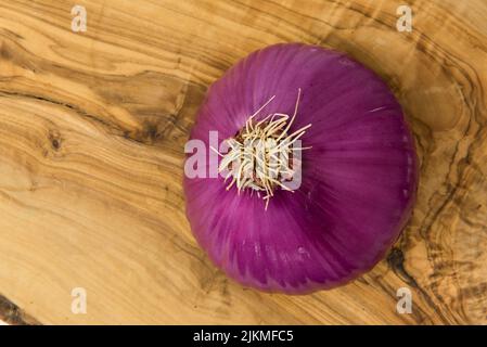 Top view of single onion slice with stem on grainy wooden background  Stock Photo