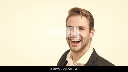 He who wears a smile. Portrait of happy guy. Professional guy smile isolated on white Stock Photo