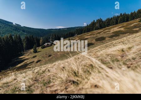 Traditional mountain huts of Krkonose National Park, Czech republic. High mountain meadow and a traditional wooden houses of Giant Mountains, Bohemia. Stock Photo