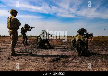 Finland. 21st July, 2022. Finnish soldiers assigned to the Satakunta Jaeger Battalion, fire M4A1 carbines under supervision of a U.S. Soldier assigned to 3rd Armored Brigade Combat Team, 4th Infantry Division at Niinisalo, Finland, July 21, 2022. The 3/4th ABCT is among other units assigned to the 1st Infantry Division, proudly working alongside NATO allies and regional security partners to provide combat-credible forces to V Corps, America's forward deployed corps in Europe. Credit: U.S. Army/ZUMA Press Wire Service/ZUMAPRESS.com/Alamy Live News Stock Photo