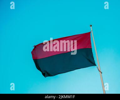 Red-black flag of Ukrainian nationalists, isolated on a blue sky background, close-up. Background of silk fabric fluttering in the air. Stock Photo