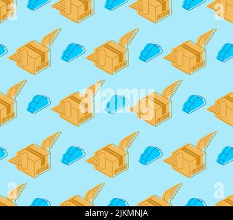 Winged box pattern seamless. Parcel with wings delivery background Stock Vector