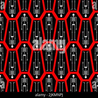Skeleton and coffin pattern seamless. Dead Man in a tomb background. Vector texture Stock Vector
