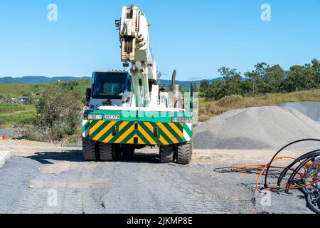 Mackay, Queensland, Australia - 7th June 2022: Machinery working in a quarry producing industrial rock and stone for construction of roads and other p Stock Photo