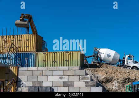 Mackay, Queensland, Australia - 7th June 2022: Infrastructure and the machinery working in a quarry producing industrial rock and stone for constructi Stock Photo