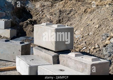 Mackay, Queensland, Australia - 7th June 2022: Concrete blocks used in the construction of a wall at an industrial quarry, Stock Photo