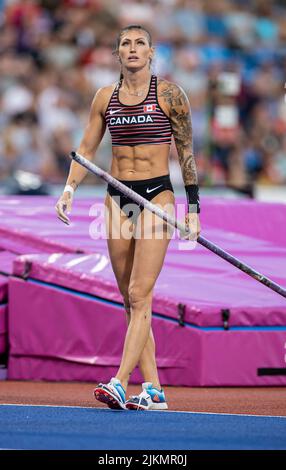 Birmingham, UK. 2nd August 2022; Alexander Stadium, Birmingham, Midlands, England: Day 5 of the 2022 Commonwealth Games: Alysha Newman (CAN) with her Pole Vault after a jump Credit: Action Plus Sports Images/Alamy Live News Stock Photo