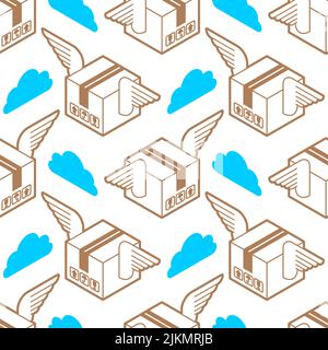 Winged box pattern seamless. Parcel with wings delivery background Stock Vector