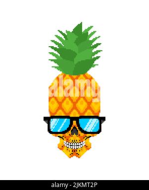 Pineapple skull pixel art. Skeleton head and tropical fruit 8 bit. pixelated Vector illustration Stock Vector