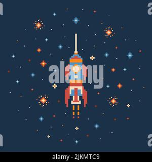 8 bit Pixel Art Rocket in Outer Space Stock Vector