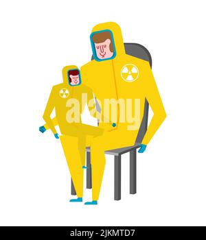 Father and son nuclear protection suits. Concept of nuclear war and ecological catastrophe. Stock Vector