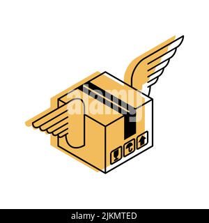 Winged box delivery sign. Parcel with wings delivery symbol Stock Vector