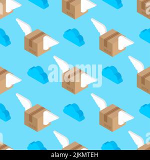 Winged box pattern seamless. Parcel with wings delivery background Stock Vector