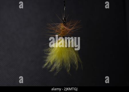 A closeup of a tied fluffy yellow fishing fly lure hook isolated on a black background Stock Photo
