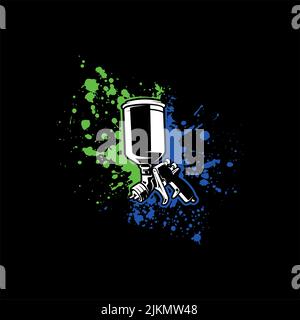 A paint spray gun with green and blue paint on black background Stock Vector