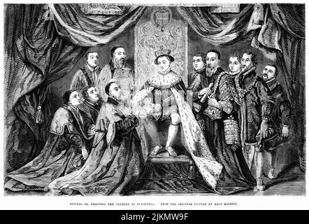 Edward VI granting the Charter to Bridewell, Illustration from the Book, 'John Cassel’s Illustrated History of England, Volume II', text by William Howitt, Cassell, Petter, and Galpin, London, 1858 Stock Photo