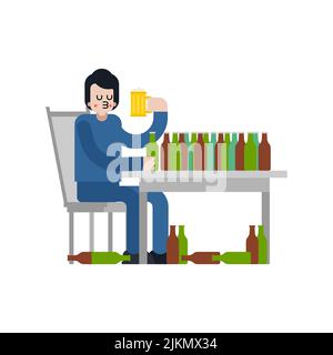 An alcoholic sits at the table. Guy and a lot of beer Stock Vector