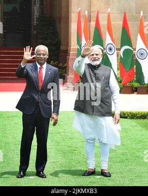 New Delhi, India. 02nd Aug, 2022. NEW DELHI, INDIA - AUGUST 2: Maldives President Ibrahim Mohamed Solih with Prime Minister Narendra Modi at Hyderabad House on August 2, 2022 in New Delhi, India. Solih arrived in India at the invitation of PM Modi and both the leaders are expected to review the leaders are expected to review the progress in the wide- ranging partnership between the two countries. He is accompanied by a high-level official and business delegation. (Photo by Arvind Yadav/Hindustan Times/Sipa USA) Credit: Sipa USA/Alamy Live News Stock Photo