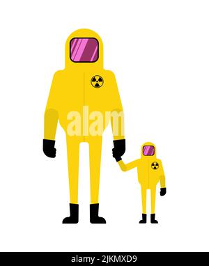 Father and son nuclear protection suits. Concept of nuclear war and ecological catastrophe. Stock Vector