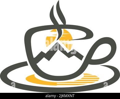 illustration of coffee cup, sunand mountain in one line Stock Vector