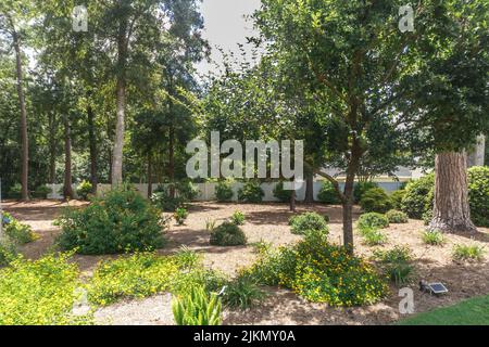 a large backyard of a home with shrubbery and a garden and trees Stock Photo