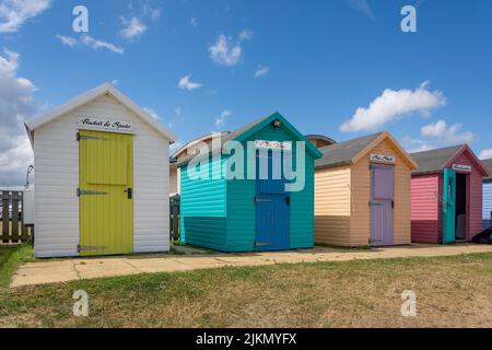 Amble Beach Huts on Little Shore, Harbour Road, Amble, Northumberland, England, United Kingdom Stock Photo