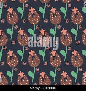Dreamy fantasy flower dark background, childish seamless pattern for textile and wrapping paper Stock Vector