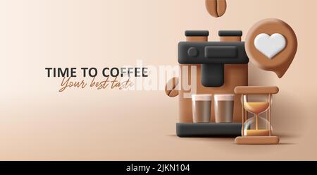 3d illustration of coffee machine with glass clock and mugs, time for coffee banner. Vector illustration Stock Vector