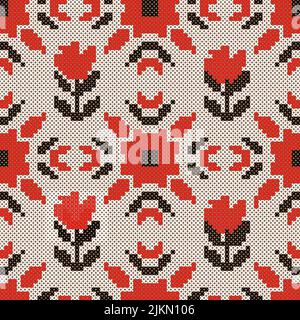 Cross stitch Ukrainian flower folk seamless vector pattern. Embroidery ethnic flower background Stock Vector