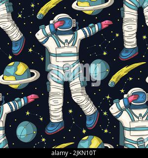 Astronaut cosmos galaxy universe science cosmic space seamless vector pattern Stock Vector