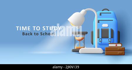 Back to school banner with 3d illustration of backpack, desk lamp, books with glass sand clock. Vector illustration Stock Vector
