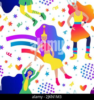 Funky girl funny pajama home music party seamless vector pattern. Cartoon costume character Stock Vector