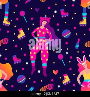 Funky girl funny pajama home music party seamless vector pattern. Cartoon costume character Stock Vector